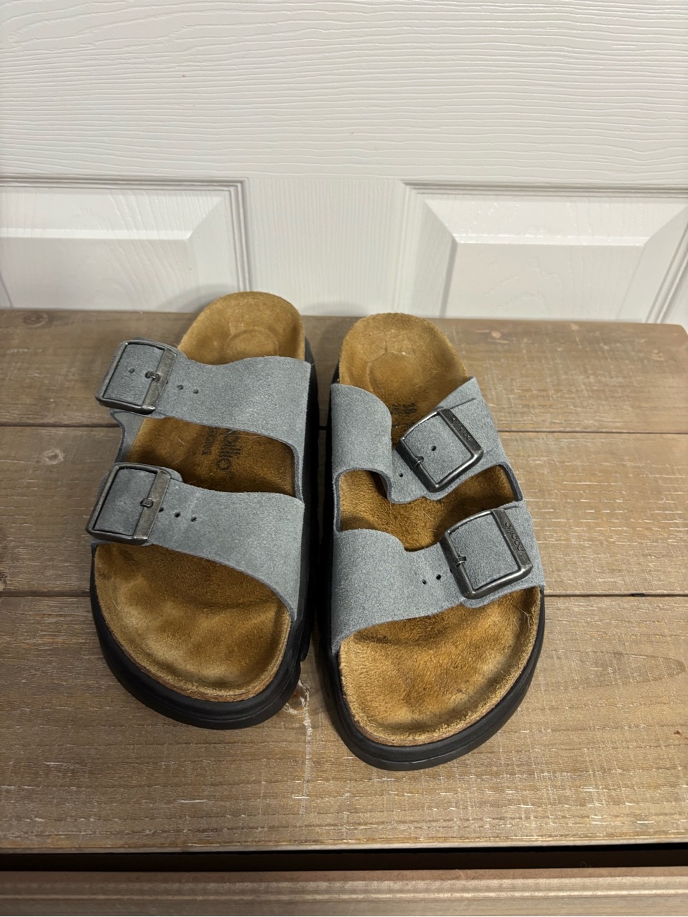 Birkenstock Gray Two-Buckle Suede Slide Sandals